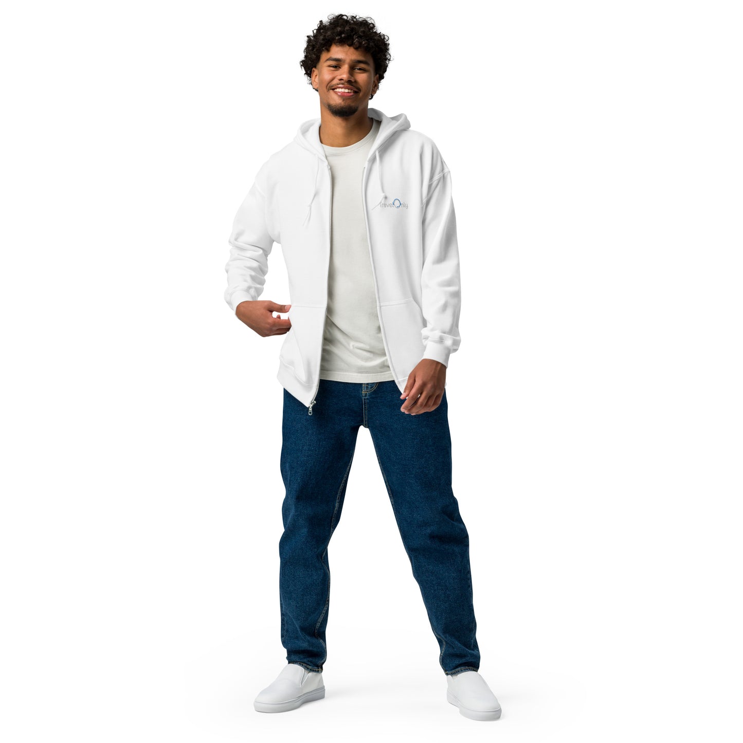 Heavy Blend Men’s Zip-Up Hoodie (TravelOnly White Logo)